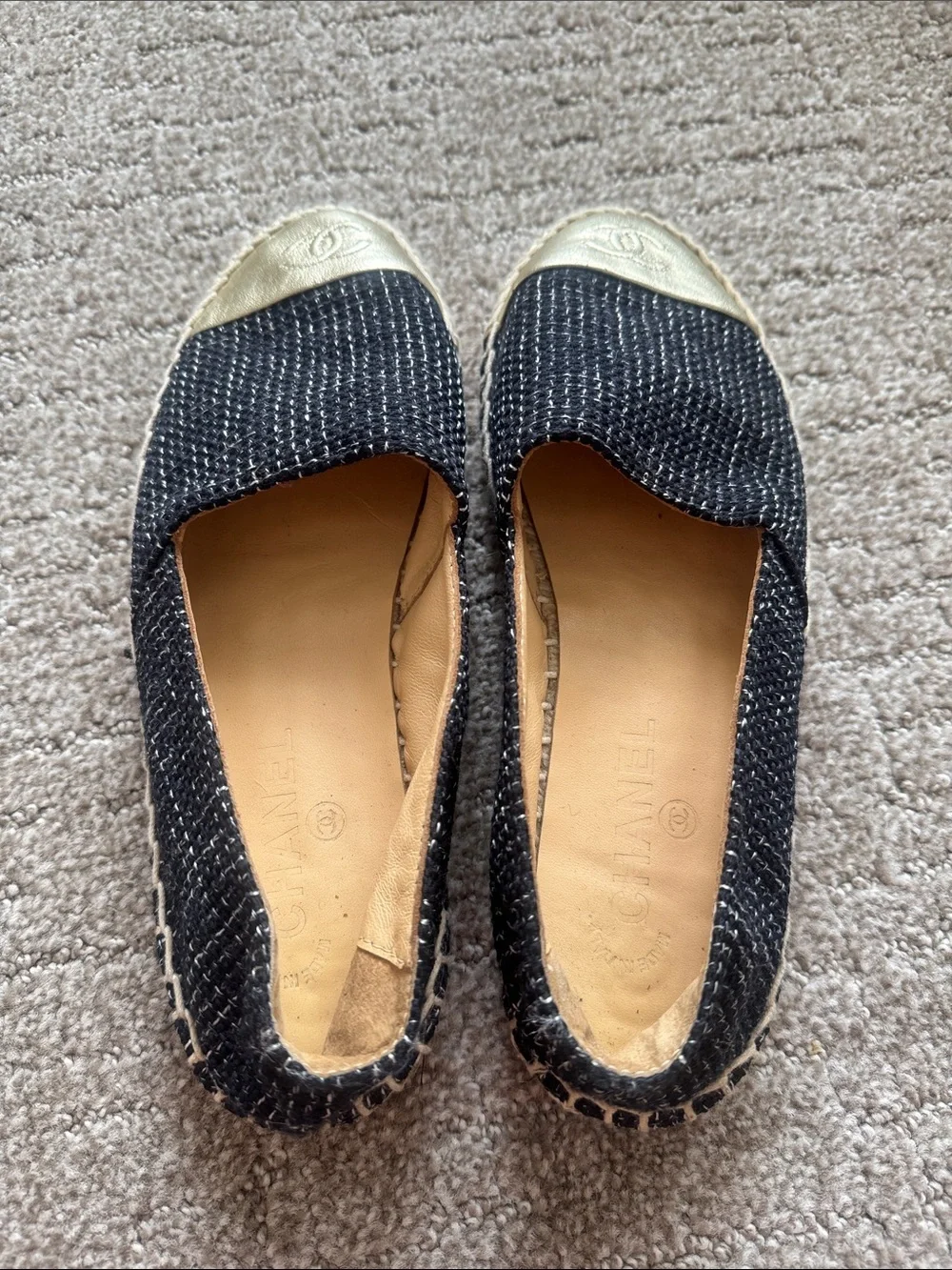 CHANEL Black Tweed Espadrilles with Gold Cap Toe